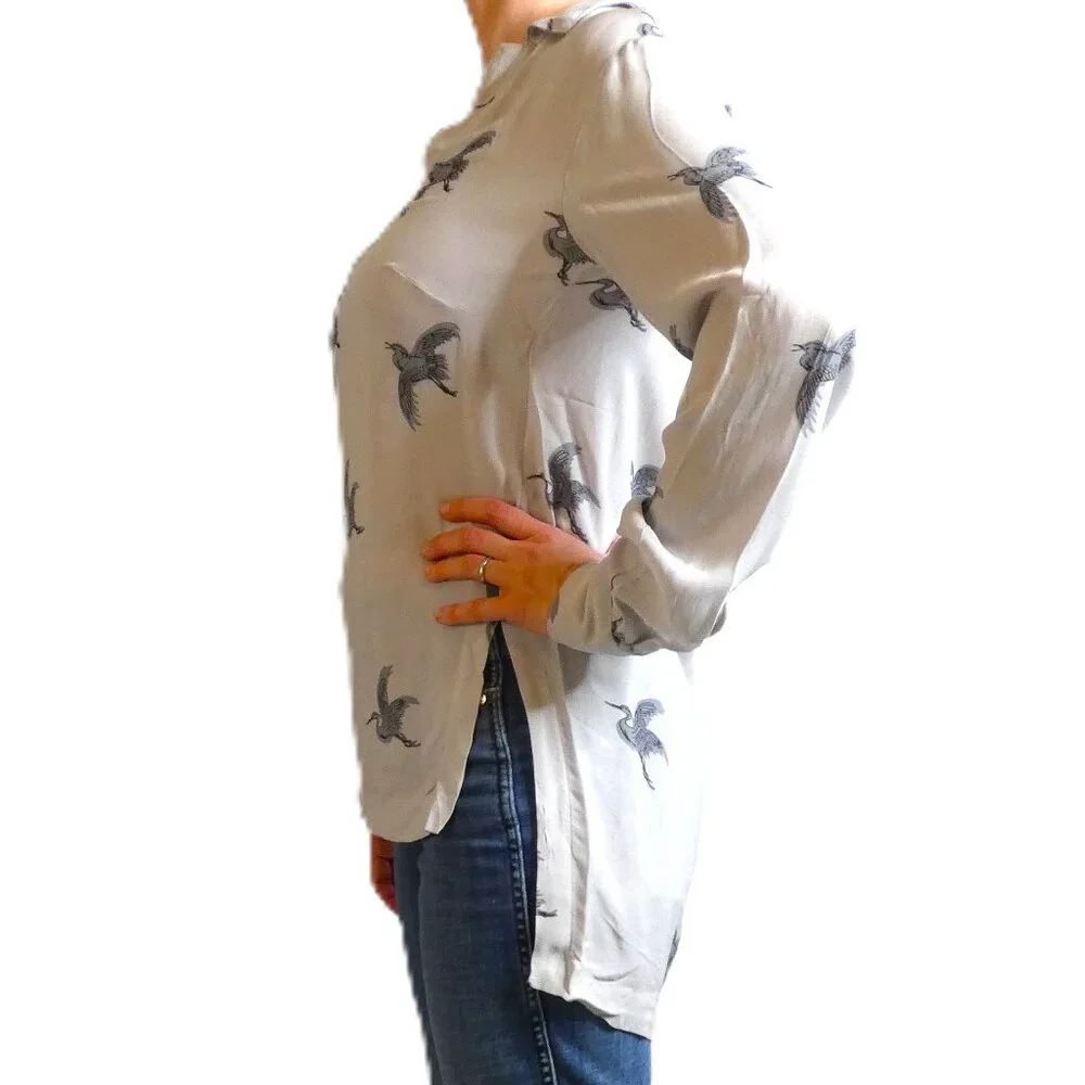 Great Plains Blouse Women Size S Gray Cranes Birds Designer Top Long Sleeve - Picture 4 of 10
